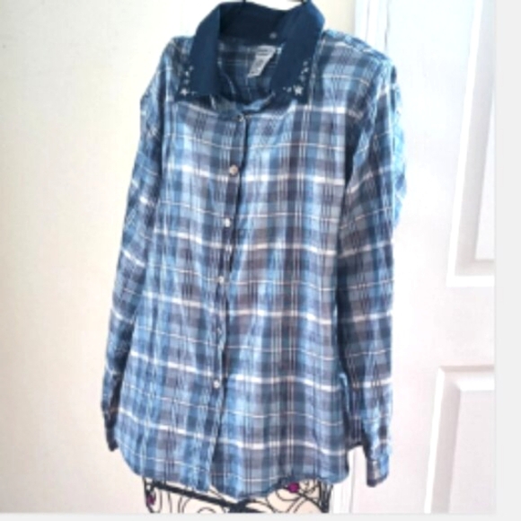 Vintage Button Up Cotton Shirt Embroidered Detachable Collar Shimmer Stripes XL - Picture 12 of 17